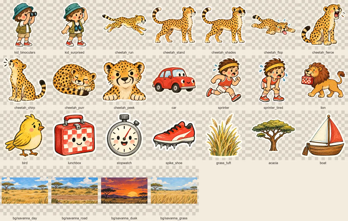 Contact sheet of all cutouts and backgrounds with transparent backgrounds