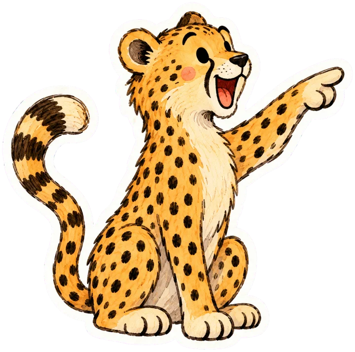 Paper-cutout cheetah with an open mouth pointing to the right