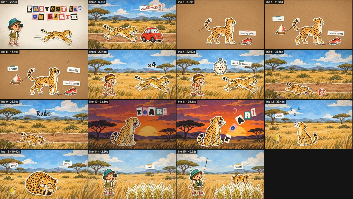 One still frame after every voice line of the cheetah video