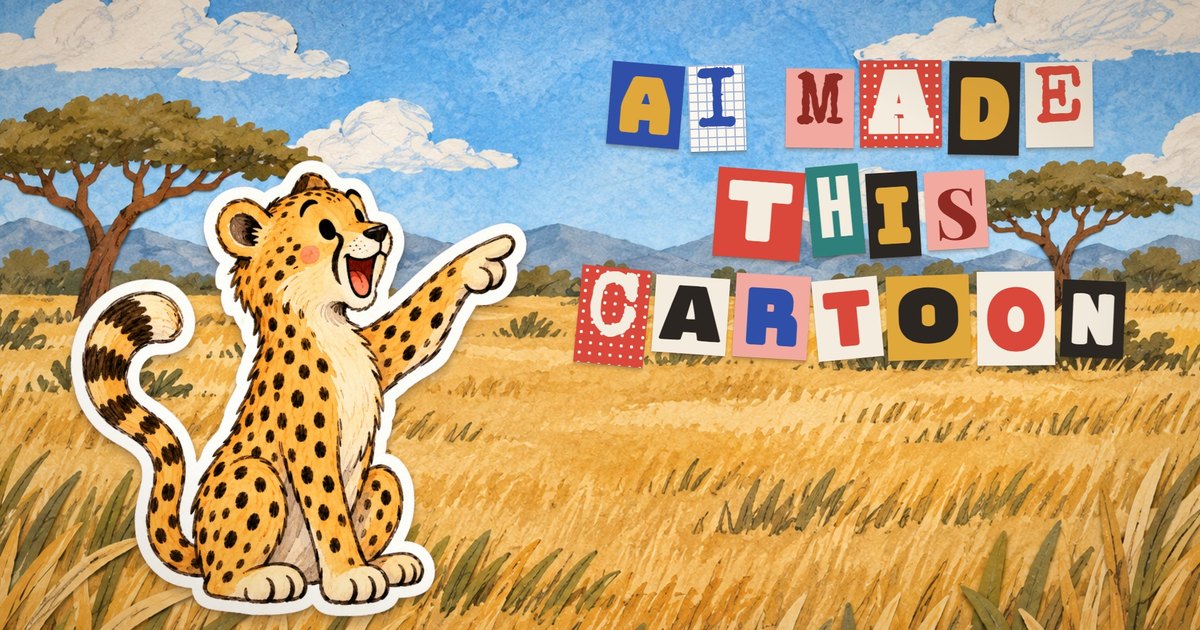 Paper-cutout cheetah pointing at the words AI made this cartoon