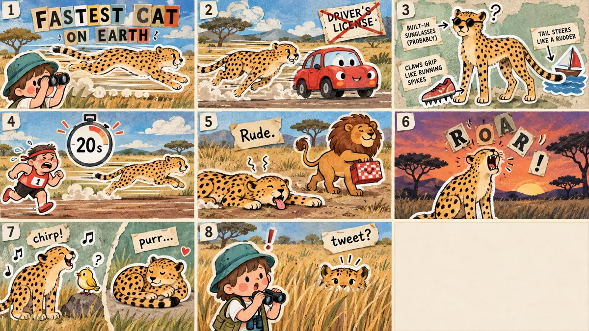Nine-panel storyboard of the cheetah video in the paper-cutout style