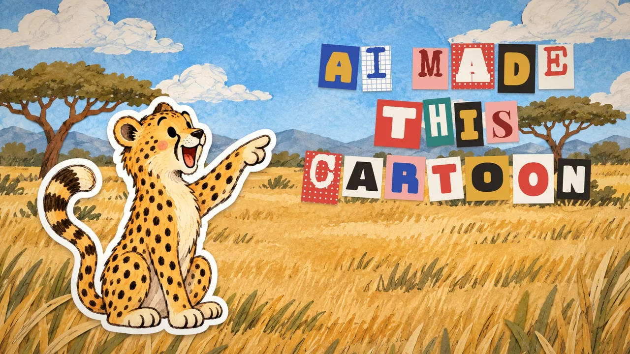 Video cover: a paper-cutout cheetah pointing at the words AI made this cartoon