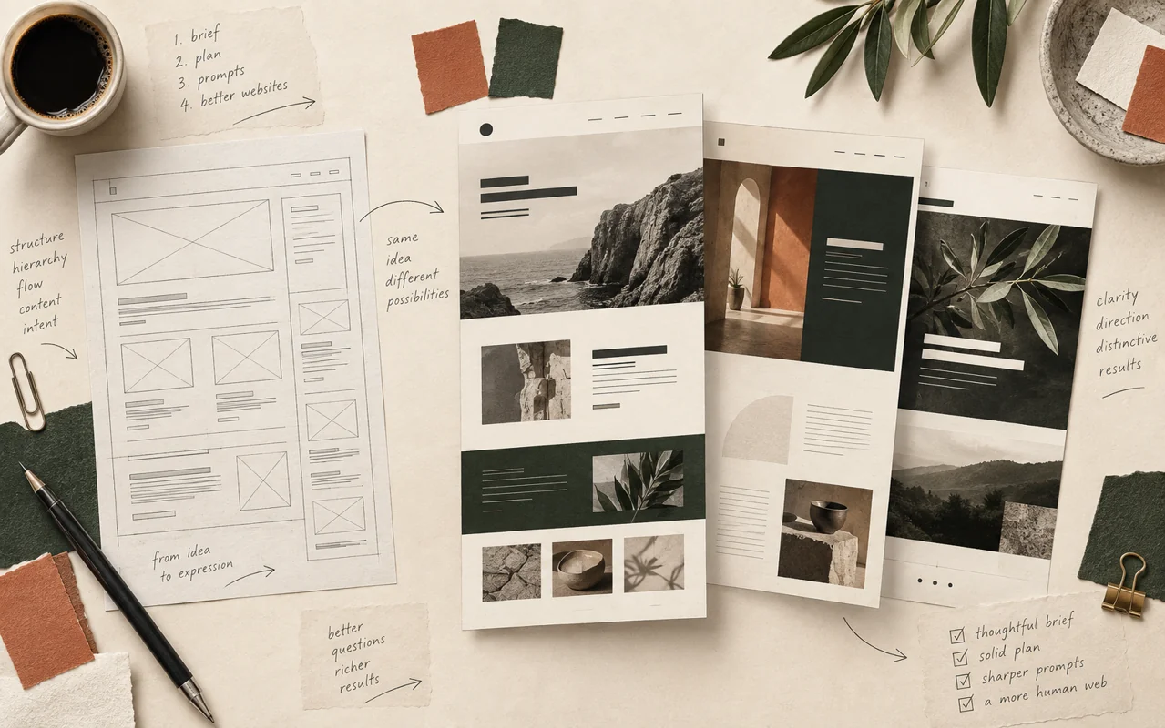 A website wireframe becomes three distinct editorial designs on a creative worktable.