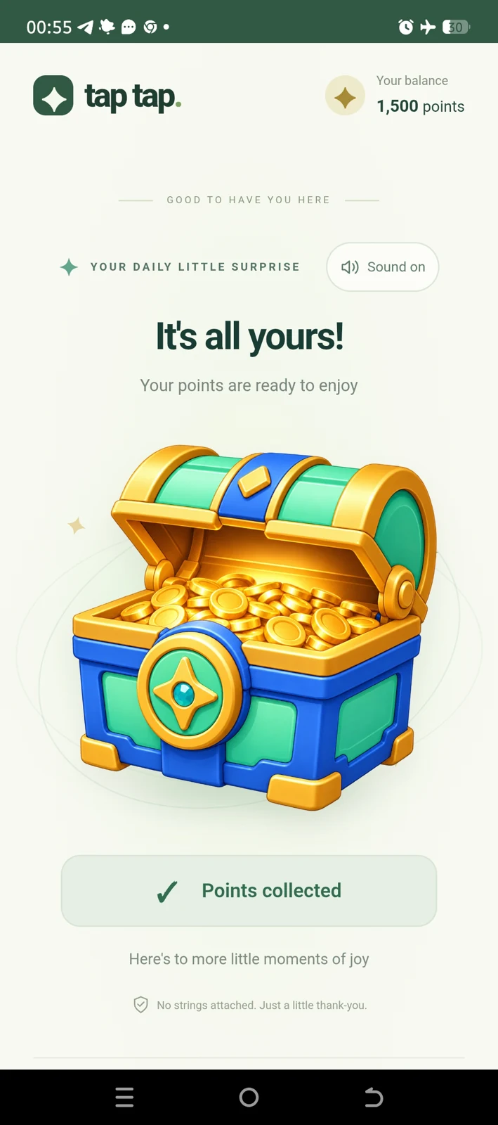 Android screenshot with airplane-mode icon, opened chest, Points collected and a 1,500-point demo balance