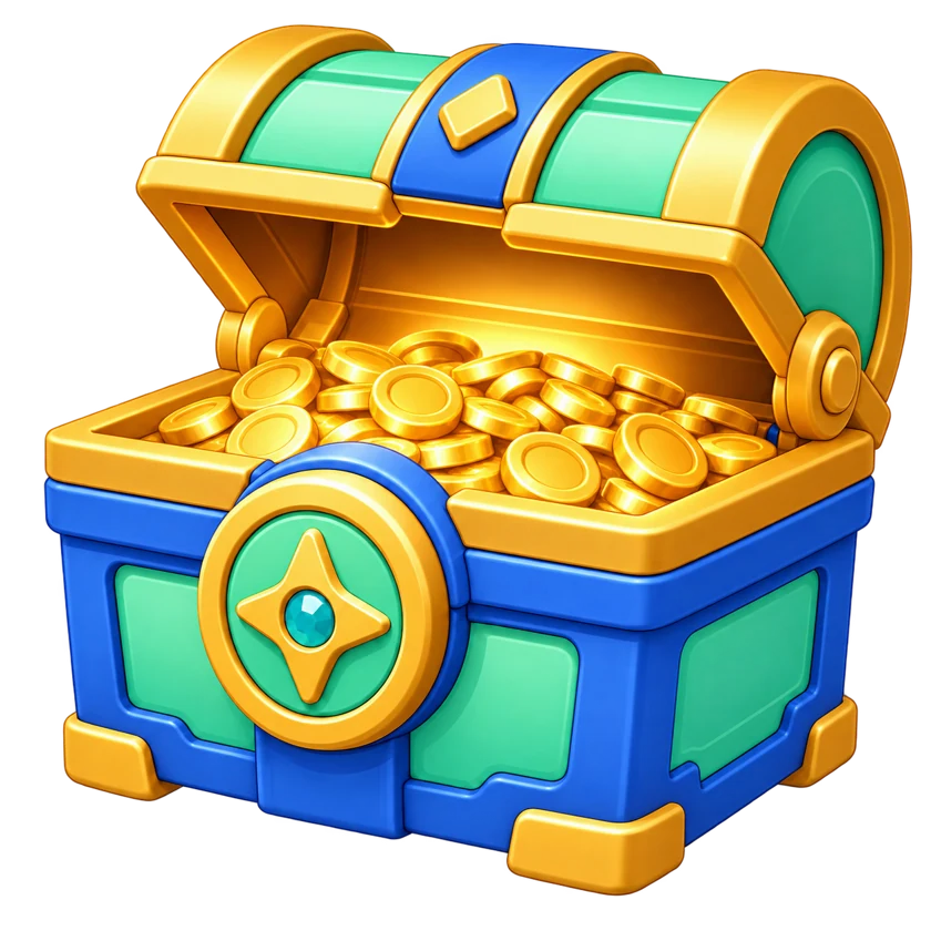 Open mint-green and blue chest with gold trim and coins