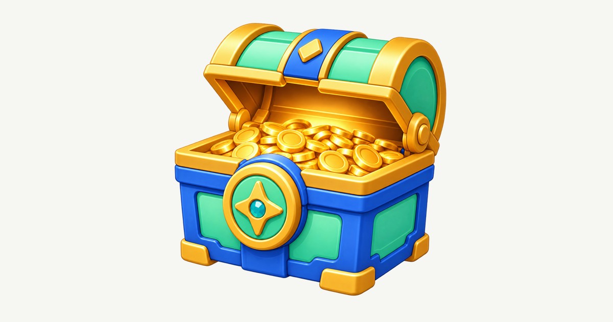 Open mint-green and blue chest filled with gold coins