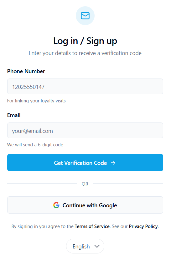 Frequenta customer sign-in screen with phone and email fields, a verification code button and Continue with Google.