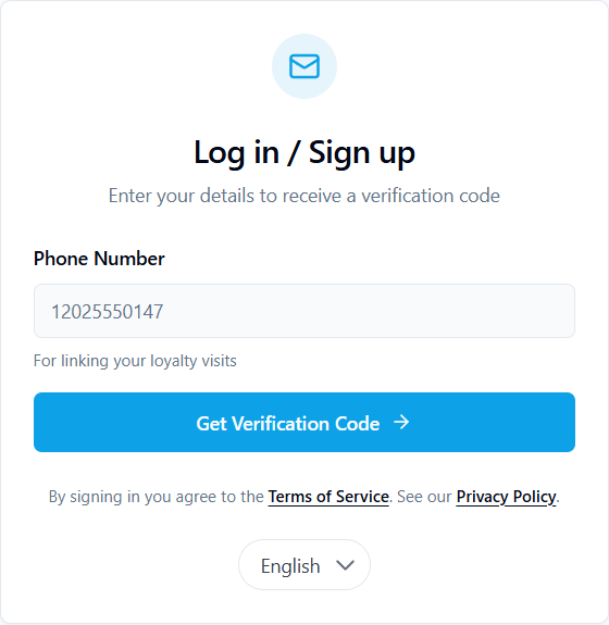 Frequenta customer sign-in screen with a phone number field and Get Verification Code button.